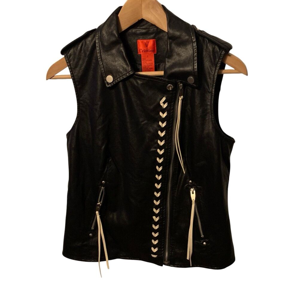 V Cristina Black Faux Leather/Ivory Braided Laced Moto Vest Size Small - Picture 2 of 5